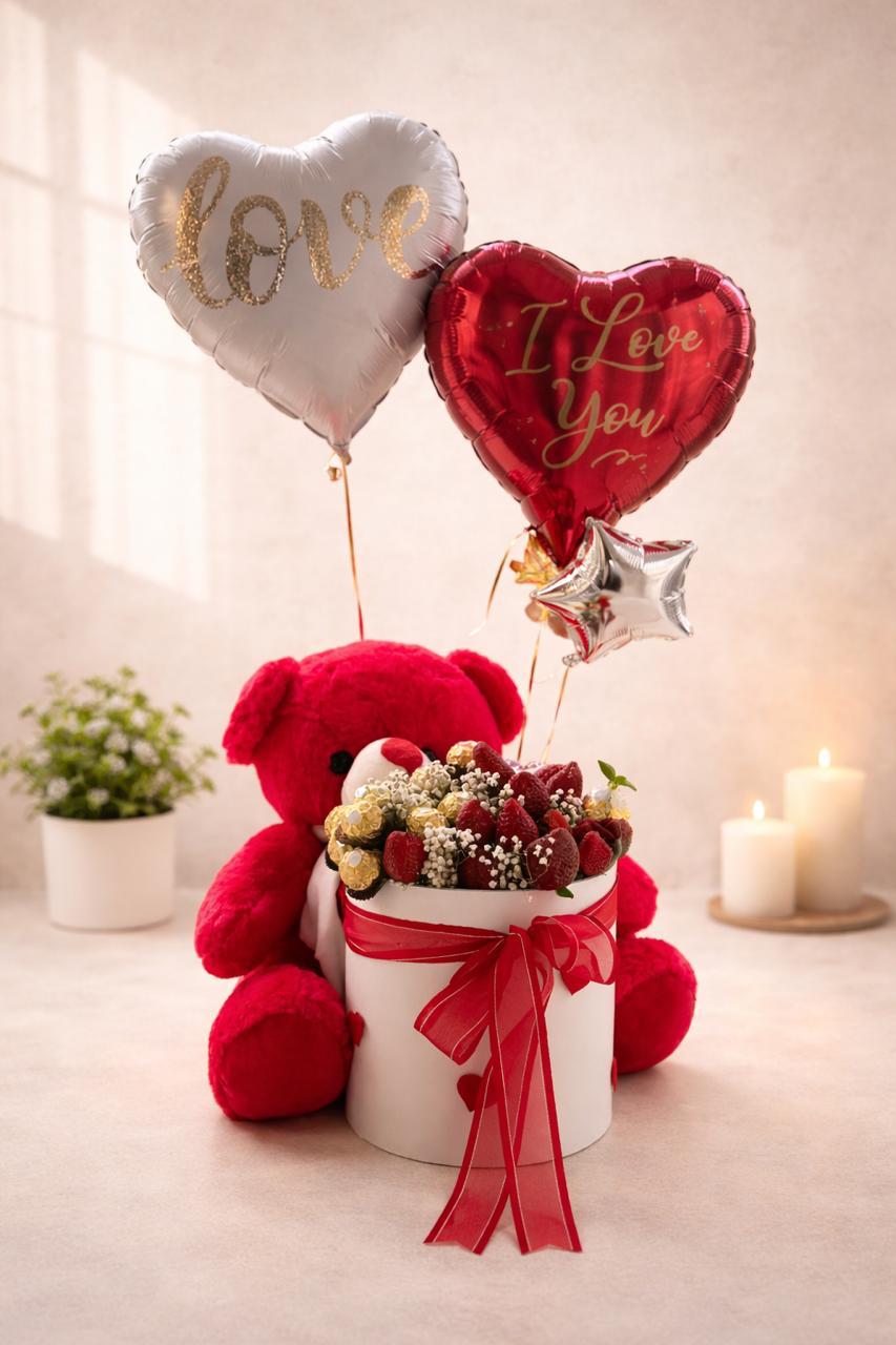 Valentine Teddy, Strawberry & Love Balloon Gift Hamper