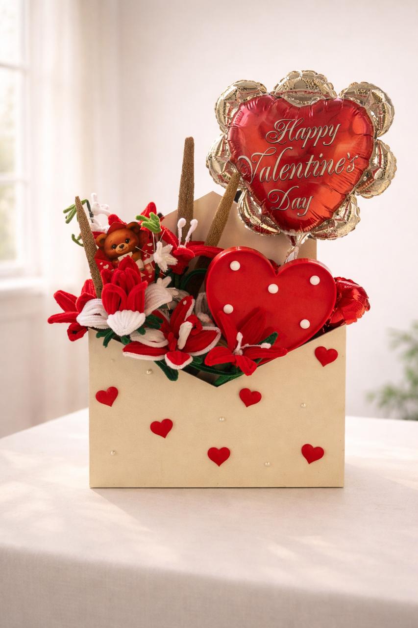 Valentine Teddy, Heart Balloon & Flower Gift Box