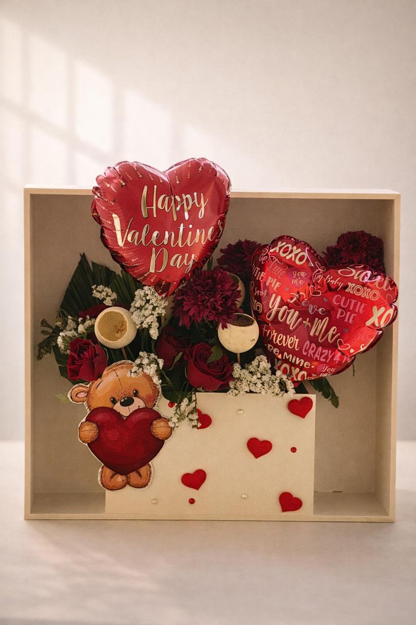 Valentine Teddy, Flower & Heart Balloon Wooden Box Hamper