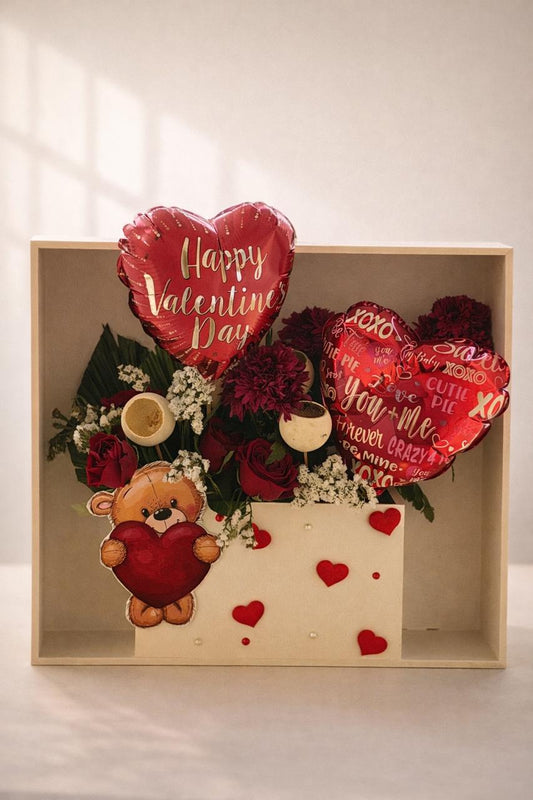 Valentine Teddy, Flower & Heart Balloon Wooden Box Hamper