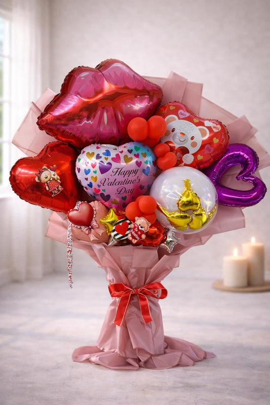 Valentine Mixed Heart Balloon Bouquet with Teddy Accents