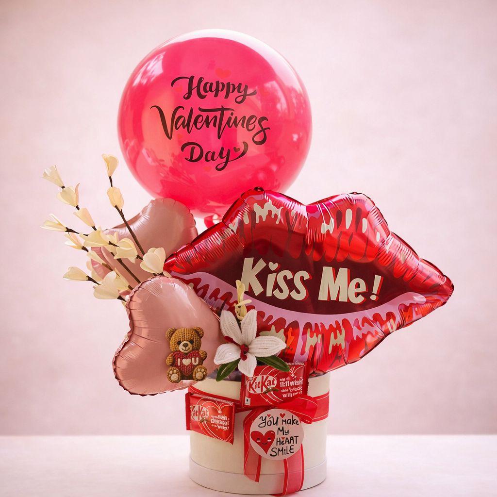 Valentine Kiss Me Balloon, Chocolate & Teddy Gift Hamper