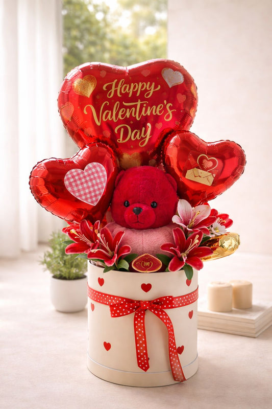 Personalized Valentine Teddy, Flower & Balloon Gift Hamper