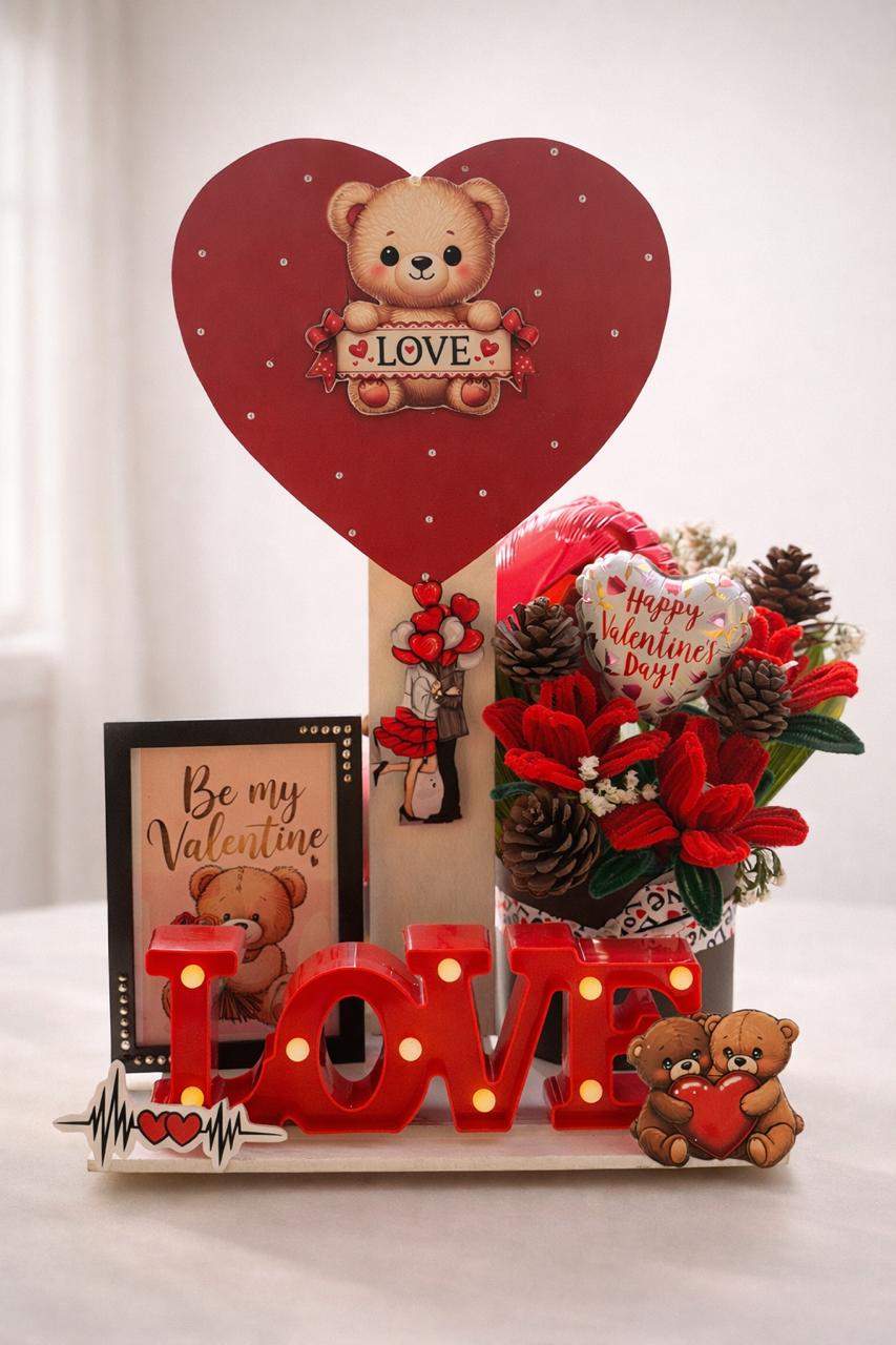 Personalized Valentine Love LED Décor with Teddy & Flowers