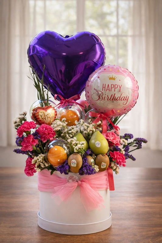 Birthday Bloom Delight – Fruit, Flower & Balloon Luxury Hamper