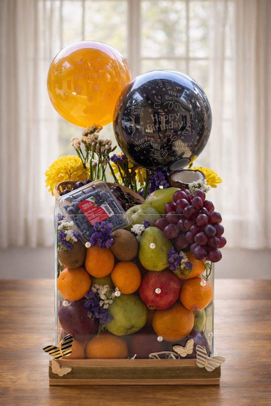 Golden Harvest Birthday Fruit Hamper with Balloons