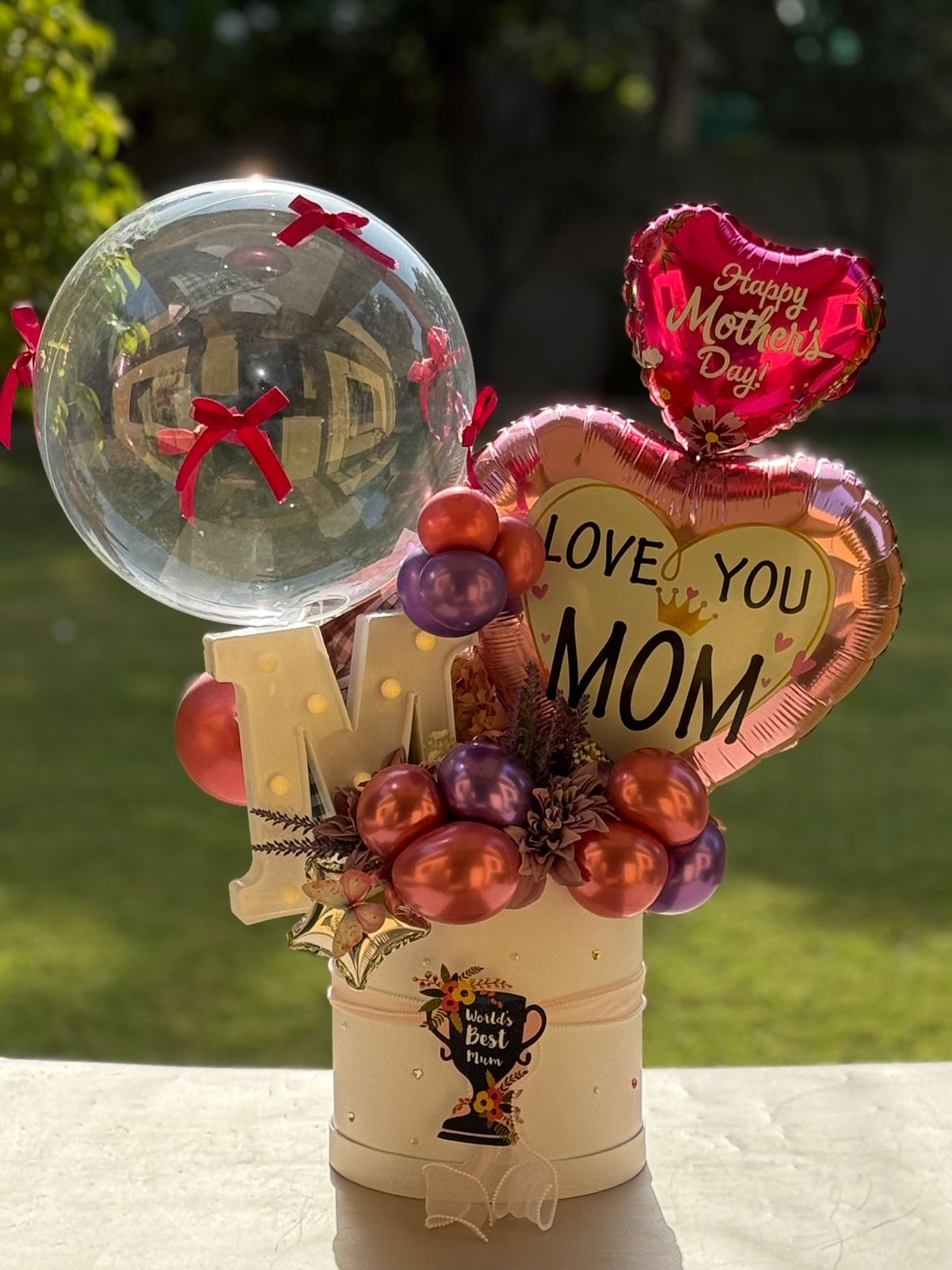 Love You Mom Luxury Balloon Hamper with Bubble Balloon Surprise