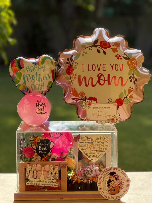 Luxury “I Love You Mom” Balloon Box with Cake & Floral Surprise