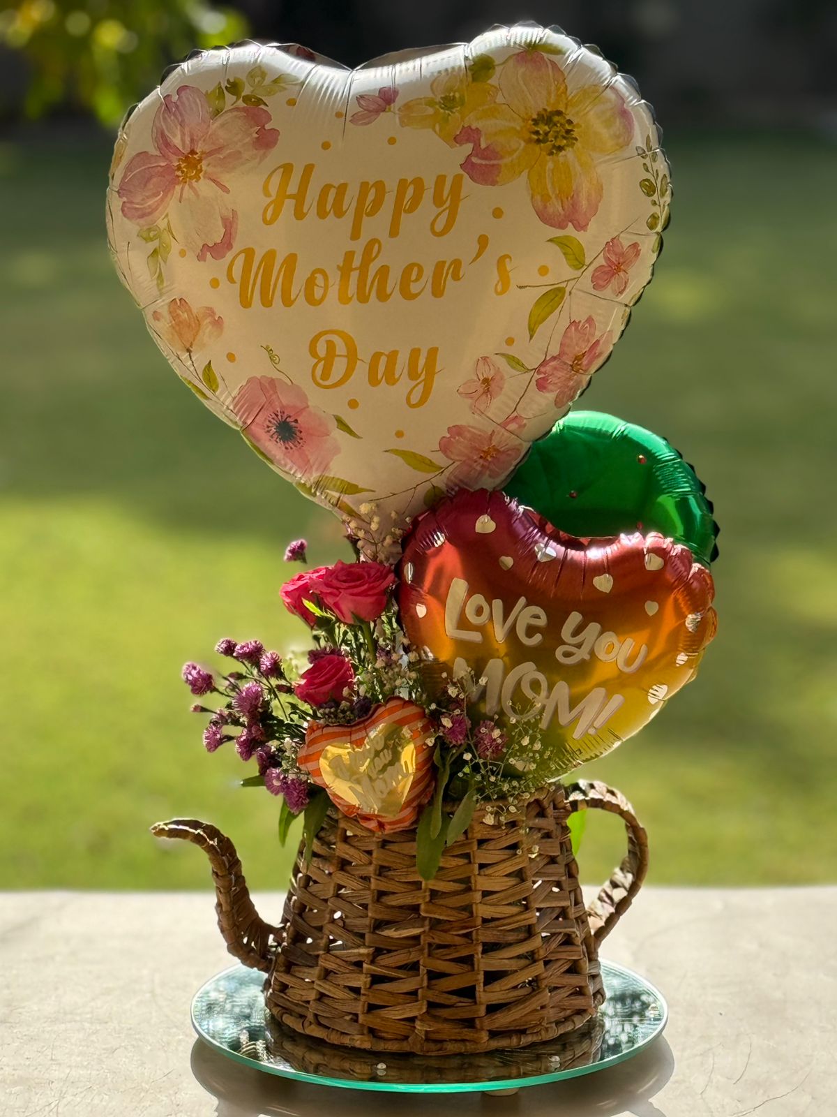 Elegant Mother’s Day Balloon Basket with Floral Teapot Arrangement